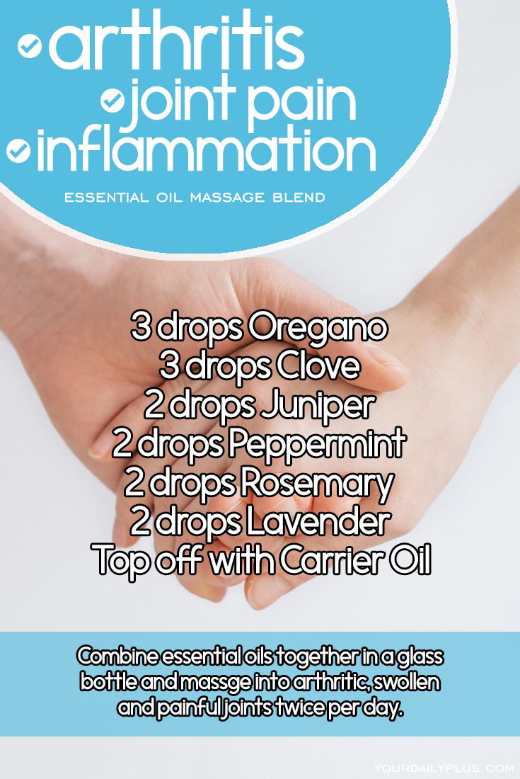 Essential oil massage blend for arthritis, joint pain and inflammation. Try this natural treatment using Oregano, Clove, Juniper, Peppermint, Rosemary and Lavender.