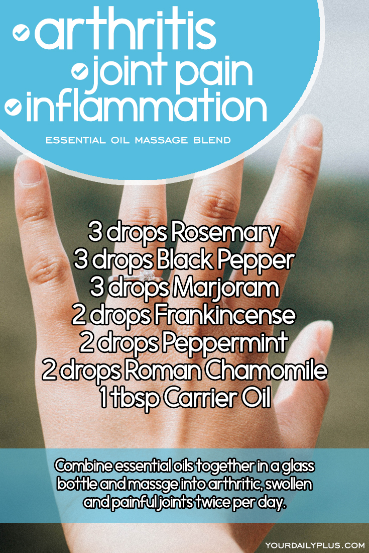 Essential oil massage blend for arthritis, joint pain and inflammation. Try this natural treatment using Rosemary, Black Pepper, Marjoram, Frankincense, Peppermint and Roman Chamomile.