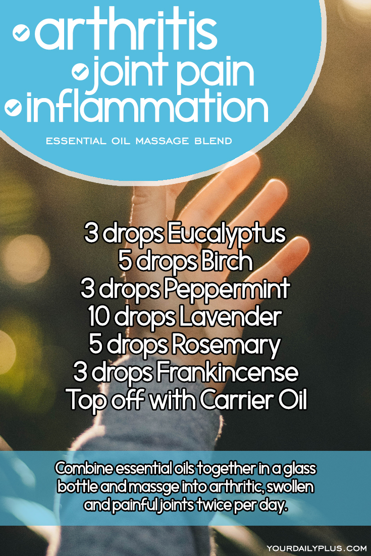 Essential oil massage blend for arthritis, joint pain and inflammation. Try this natural treatment using Eucalyptus, Birch, Peppermint, Lavender, Rosemary and Frankincense.